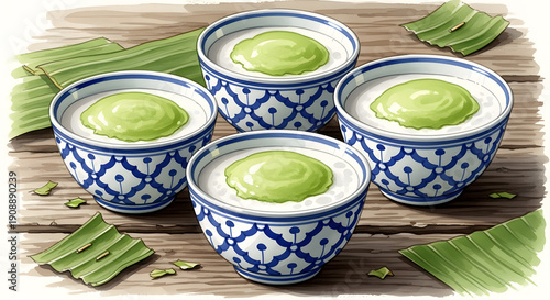 Watercolor illustration of Khanom Tuay coconut custard in cups