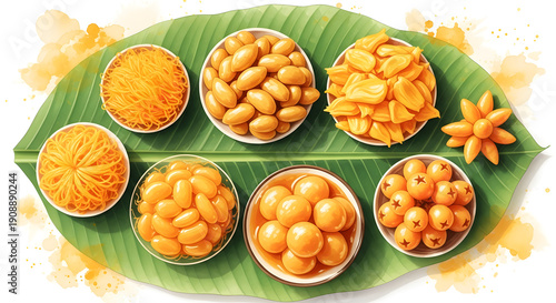 Overhead watercolor of auspicious Thai desserts on green banana leaf