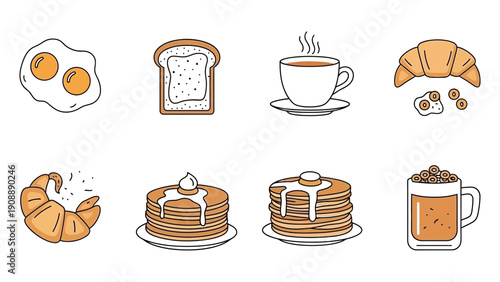 A delicious breakfast scene featuring croissants, pancakes, eggs, toast, and coffee from a top-down viewpoint on a clean white surface illustration style