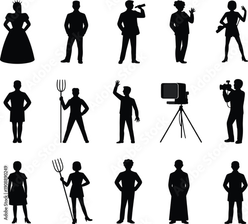Professional people silhouettes vector set, diverse male and female occupations including queen, businessman, reporter, farmer and cameraman black isolated collection