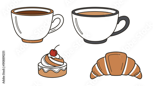 A digital illustration of coffee cups, croissant, and cake, showcasing a breakfast scene from a top-down viewpoint in a minimalist style.