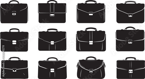 Collection of black briefcases with silver hardware and handles