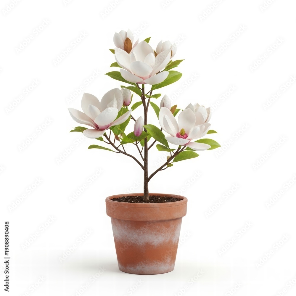 Naklejka premium Magnolia in Bloom: A close-up shot of a delicate magnolia tree potted in a rustic terracotta pot, its creamy white blossoms and vibrant green leaves create a serene display of natural beauty.