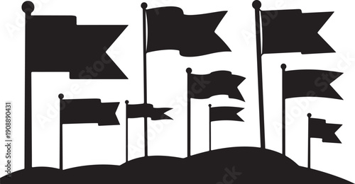 Black flags waving on a hill with white background