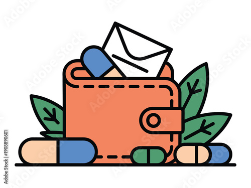 A wallet filled with pills and a letter represents medical costs and healthcare expenses.