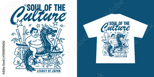 Japanese heritage vector illustration featuring a traditional sumo character, folklore elements, and oriental style artwork. Clean line art design with vintage cultural vibe, perfect for t-shirt