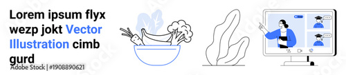 Education, healthy eating, online learning, wellness, virtual meetings, digital interaction. A bowl of fruits and vegetables next to a virtual classroom screen. Education and healthy eating concepts