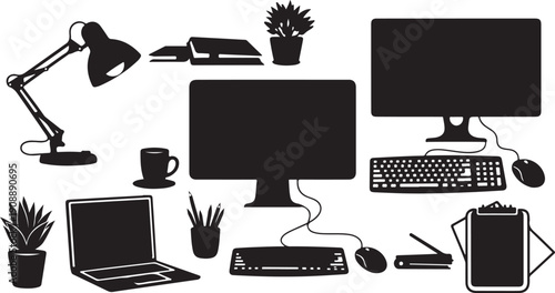Computer office equipment and accessories in black and white