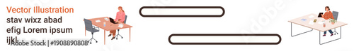 Remote work, teamwork, communication tools, virtual meetings, online collaborations, workplace productivity. Two people at desks and connecting interface elements. Remote work and teamwork concept