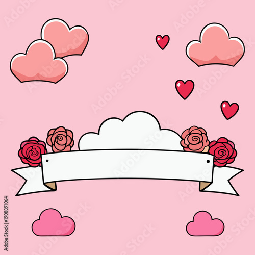 Horizontal banner with pink sky and paper cut clouds. Place for text. Happy Valentine's day sale header or voucher template with hearts. Rose cloudscape border frame pastel colors.