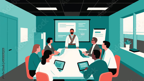 Illustration Of A Work Team Holding A Meeting In A Minimalist Office Space Vector Design Template 