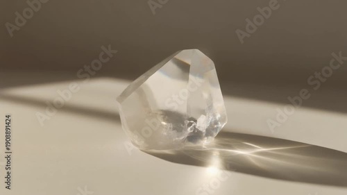 4月のやわらかな春光に照らされたクリアクォーツを白いミニマル空間に配置。
ほぼ静止したカメラと、呼吸するような微細な光変化が静寂を演出。
水晶の高い透明度とクリーンな影が、浄化と再生の印象を強める。