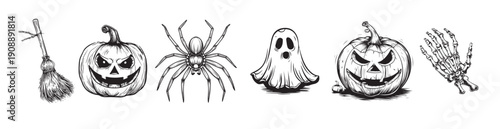 horror set of halloween doodle sticker sketch set hand
