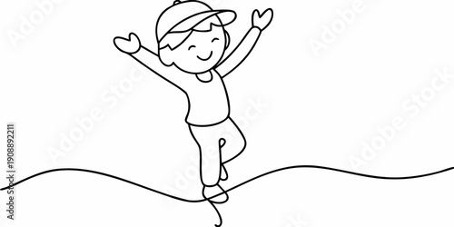 A cheerful child joyfully balances on a line with arms raised
