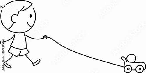 A simple line drawing of a child pulling a toy car on a leash