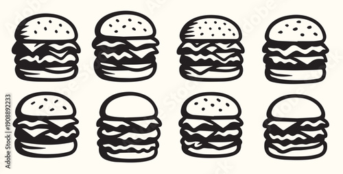 Nine Black and White Hand Drawn Burger Illustrations Triple Decker Cheeseburger Menu Design