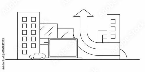 Line drawing depicting urban growth with an upward trending arrow