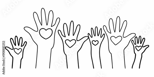 A group of hands raised some forming heart shapes in a simple line drawing