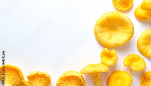 Golden chanterelle mushrooms scattered on a white surface