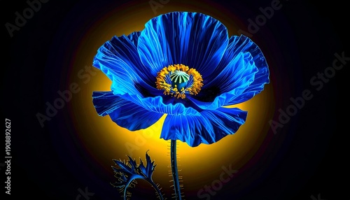 Vibrant blue poppy with glowing yellow halo