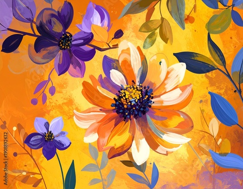 Vibrant floral painting with warm orange and purple hues