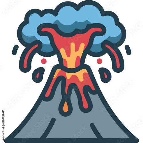 Dynamic cartoon illustration of a volcanic eruption with bright lava flowing down a gray volcano, viewed from a front perspective
