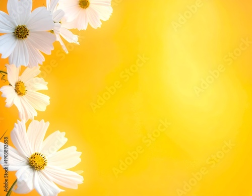 Delicate white flowers with yellow centers on bright yellow background