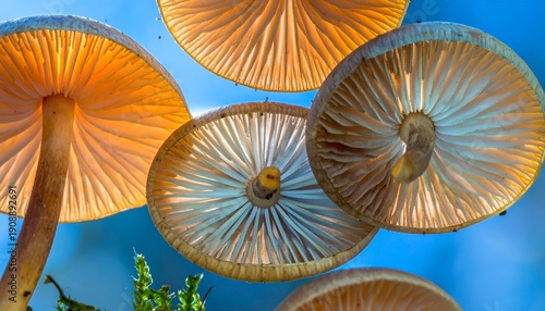 Undersides of backlit mushrooms reveal delicate gill patterns