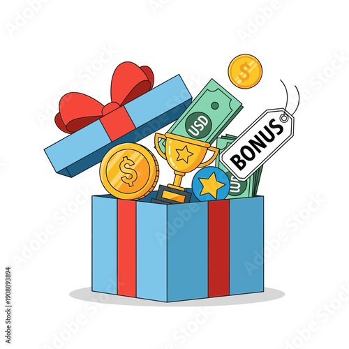 Gift Box Overflowing with Cash, Trophy & Bonus Incentives