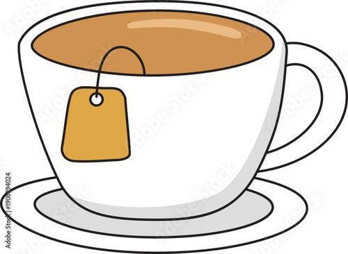 cup of hot tea with teabag in flat and doodle outlines style.