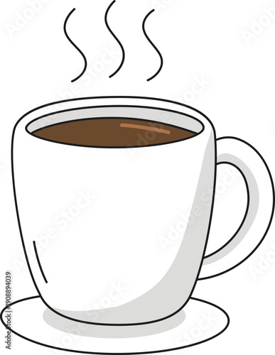 hot coffee cup for breakfast cafe in flat and doodle outlines style.