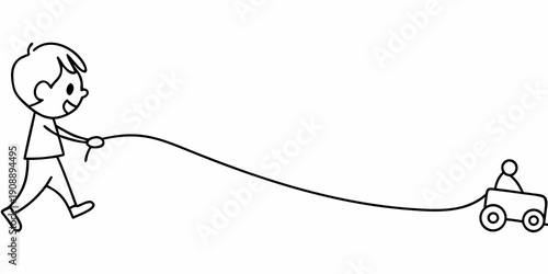 Simple line drawing of a child pulling a toy car on a string