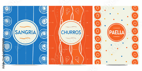 Three vibrant panels advertise spanish food and drinks sangria churros and paella