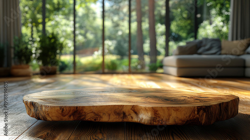 Wooden table polished wood blurred background modern interior cozy living room sunlight floor rustic surface nature outside natural wood slab