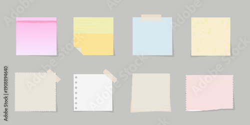 Collection of colorful sticky notes and paper with tape arranged neatly