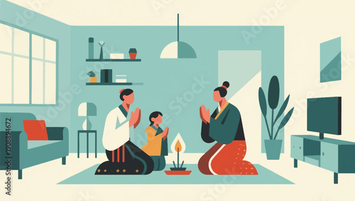 Illustration Of A Family Performing A Simple Cultural Ritual At Home Vector Design Template 