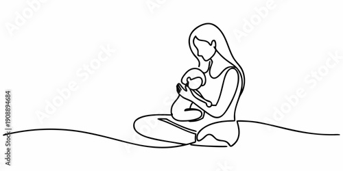 A continuous line drawing depicts a mother tenderly cradling her baby