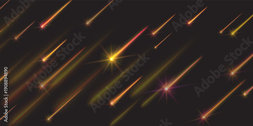 Glowing Meteor Shower Streaks Across a Dark Background With Bright Starbursts