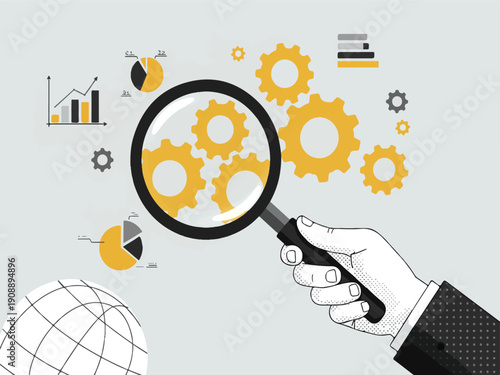 Business analysis concept with magnifying glass and gears  examining data and statistics closely  industrial design and planning