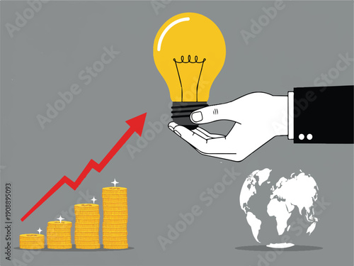 Business finance growth concept with hand holding light bulb and coins stacks with red arrow  global economy and investment success