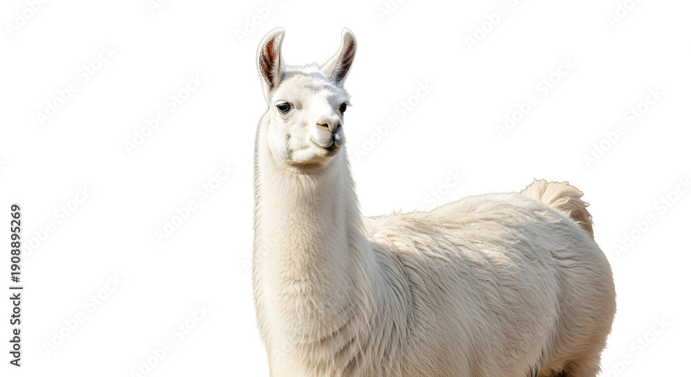 Obraz premium A close-up studio portrait of an adorable white llama with fluffy wool, isolated on a clean white background