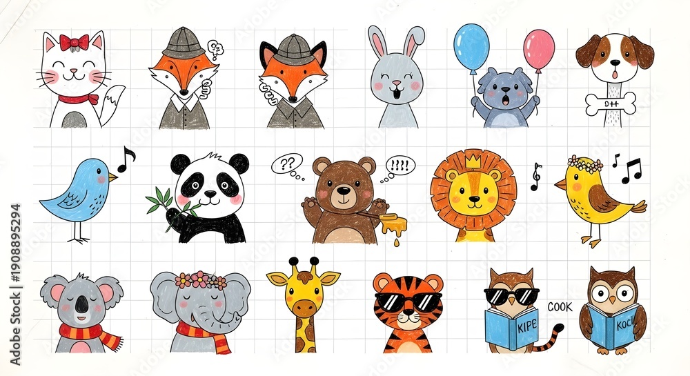 Obraz premium Cute cartoon animal stickers on grid background