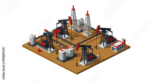 Isometric Oil Pump Jack Mining Project Machine Vector Illustration
