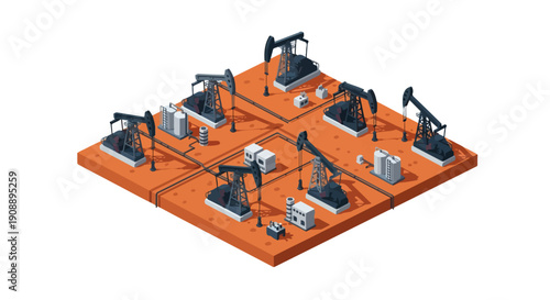 Isometric Oil Pump Jack Mining Place Machine Vector Illustration