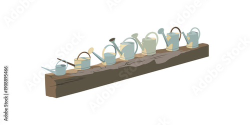 Row of Watering Cans on Wooden Shelf Vector Illustration