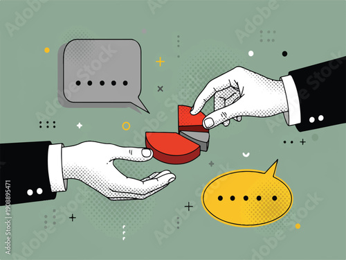 Business people hands exchanging pie chart sector graph sharing statistics data analysis teamwork discussion  business concept