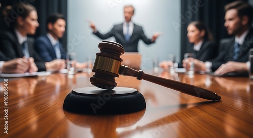 Business law and corporate governance meeting with gavel