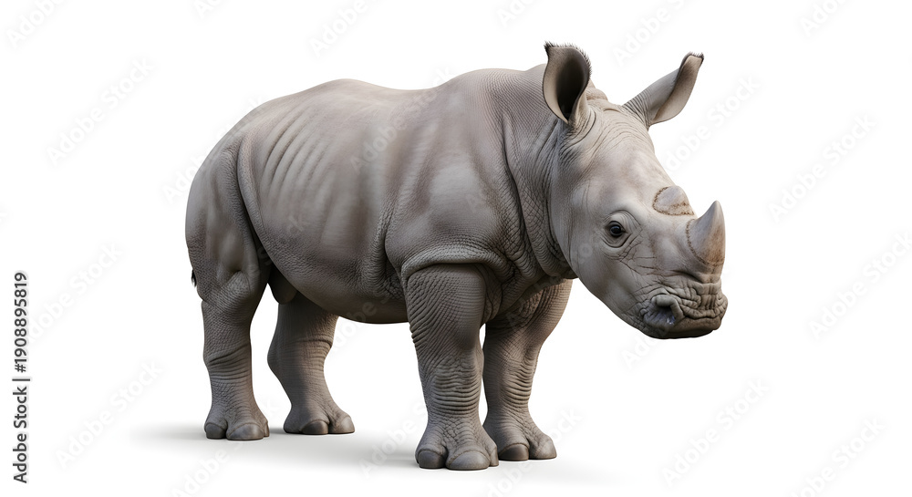 Fototapeta premium A charming young white rhinoceros calf stands in a full-body portrait, isolated on a pristine white background