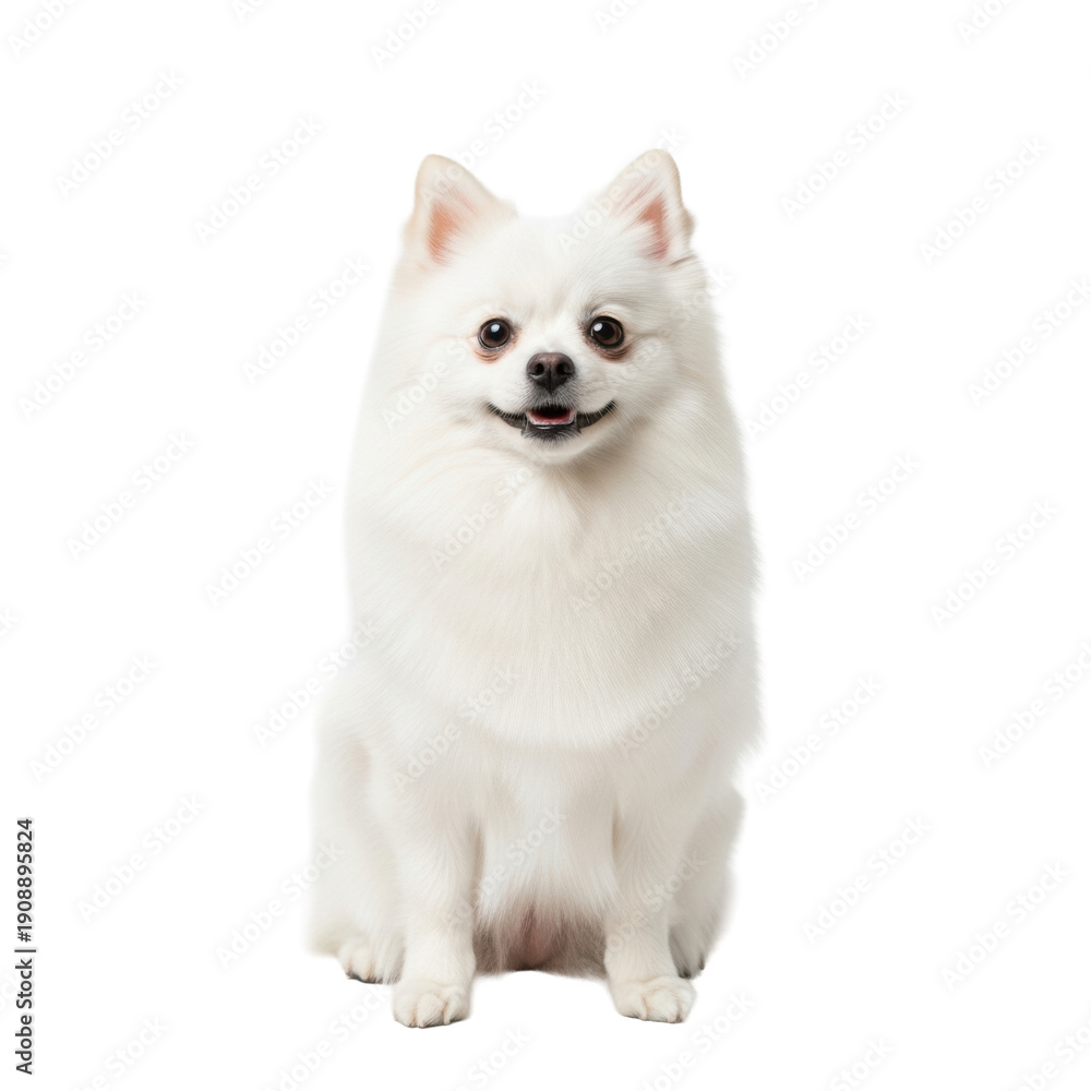 Obraz premium a full-body, high-key studio portrait of a transparent pomeranian spitz dog with voluminous fur, sitting attentively and smiling on a transparent background. concept of premium pet care