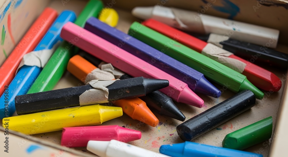 Fototapeta premium A kaleidoscope of weathered wax crayons lies in a wooden crate, serving as a powerful metaphor for the messy, vibrant, and multifaceted nature of human creativity and diverse perspectives